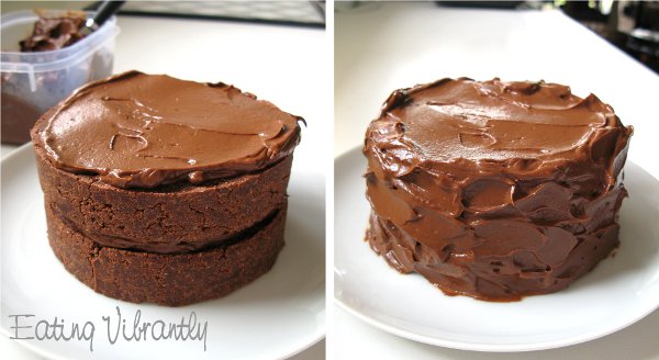 Raw chocolate cake - being layered and iced